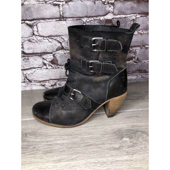 AllSaints Spitalfields Jacks Place Black Leather Zip Heel Strap Boots Women 38EU - Picture 2 of 16